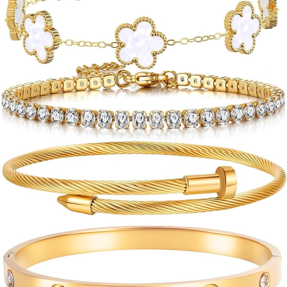 Gold Plated Floral Stackable Bracelets Set Sparkl… - image 1